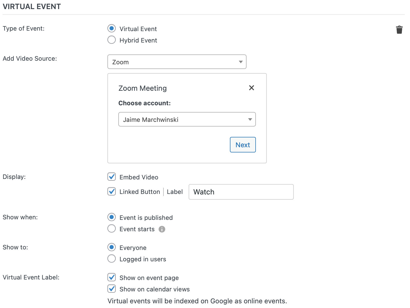 Virtual Event Zoom Dropdown