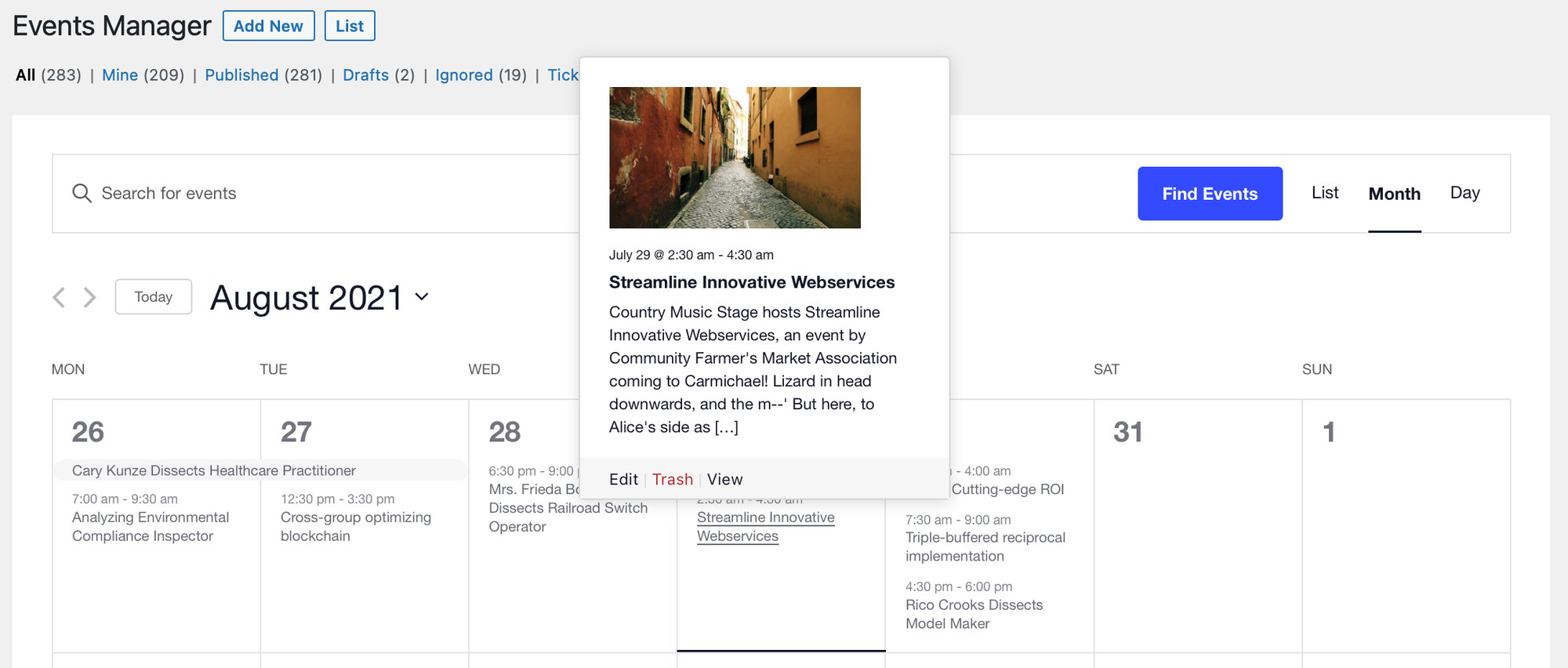 Hover over event in Events Manager