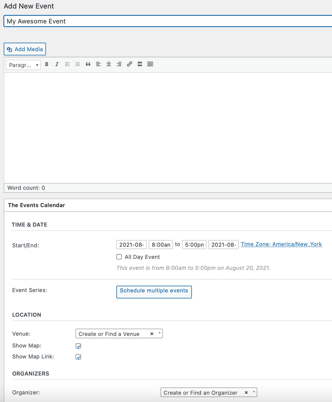 Classic editor Add New Event page
