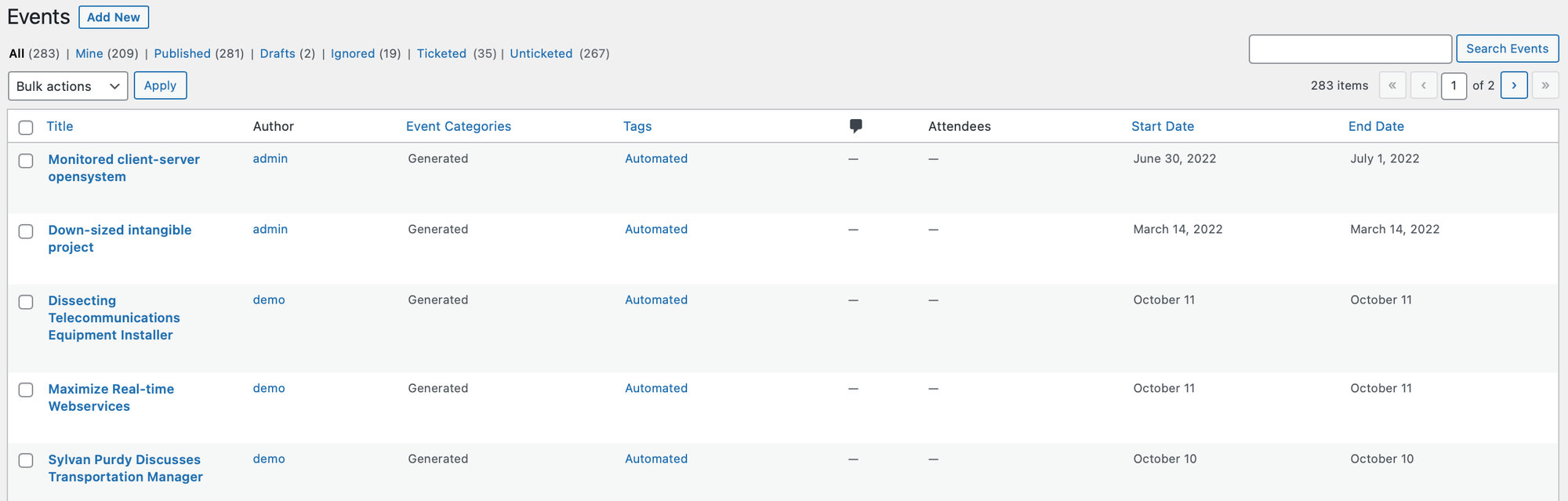 Traditional event list with The Events Calendar