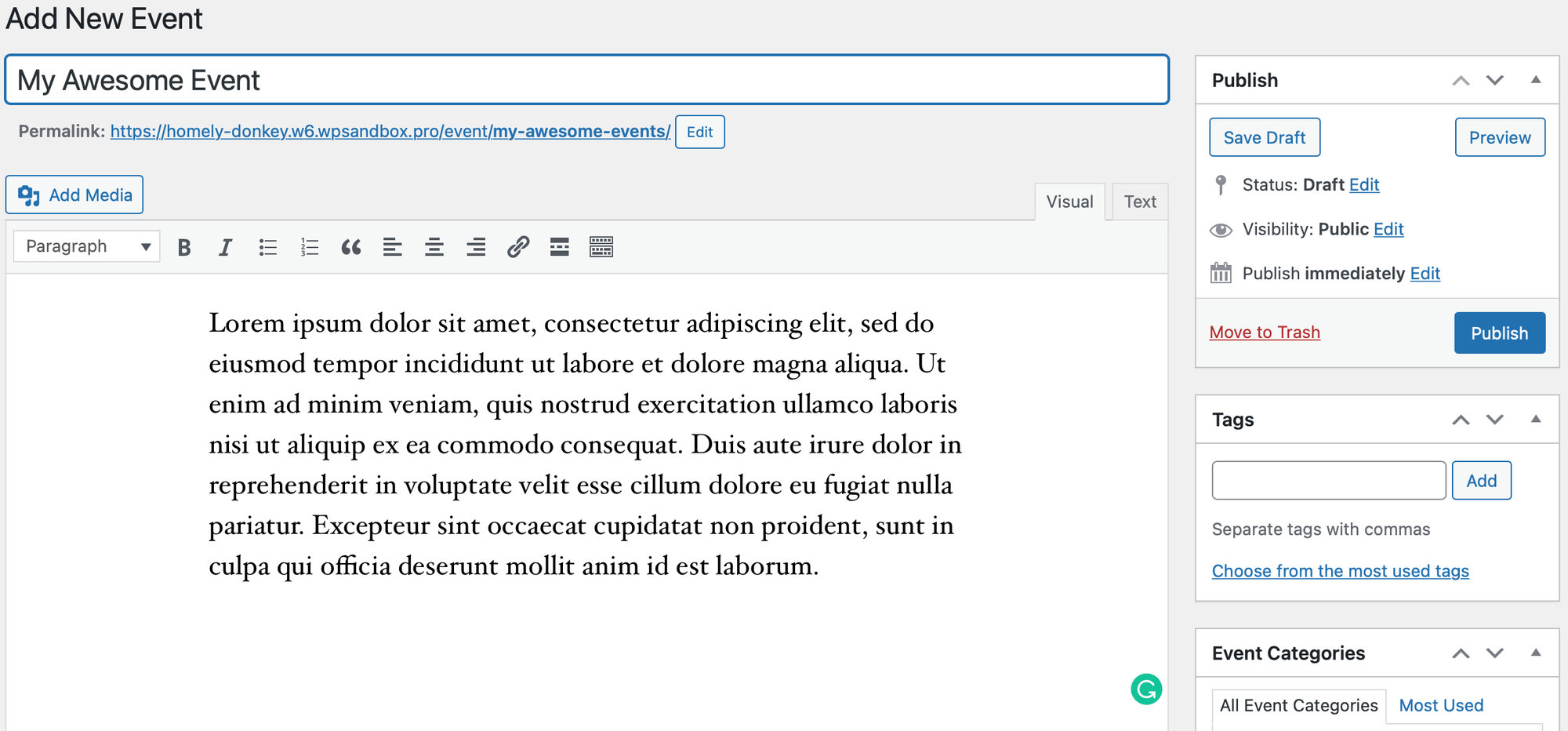 This image is showing the user interface for creating a new event in the WordPress classic editor, allowing the user to add information such as the event title, text, tags, and categories.