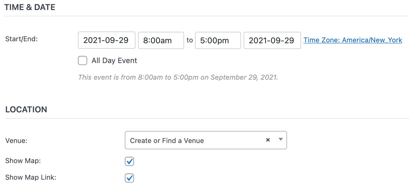 This image is showing the time and date of an event taking place on September 29, 2021, from 8:00 am to 5:00 pm in the America/New York time zone.
