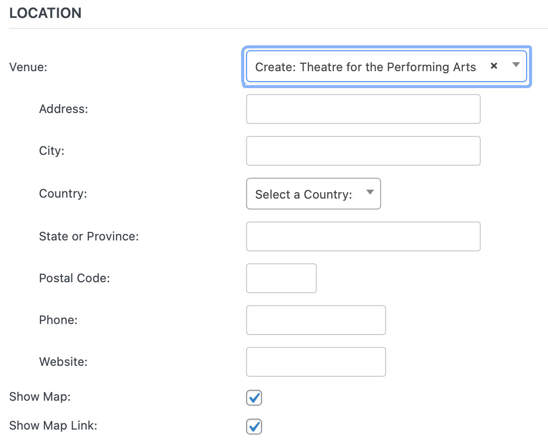 A theatre is being booked for a performing arts event, with the location, address, country, state/province, postal code, phone number, and website being specified.
