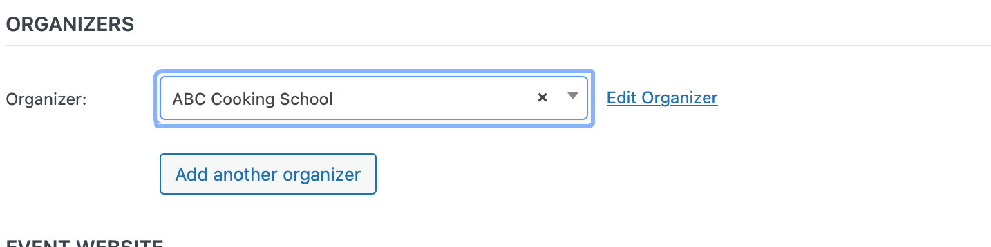 The image is showing the organizers of an event, with the option to add or edit an organizer in the WordPress Classic Editor