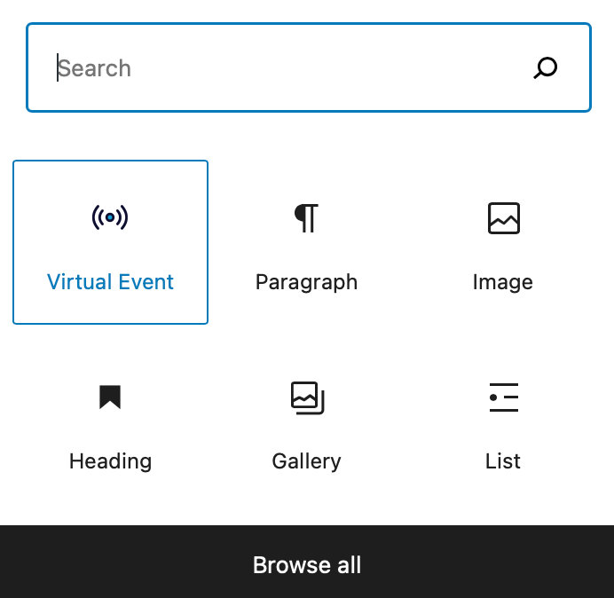 The Virtual Event placeholder block in the editor