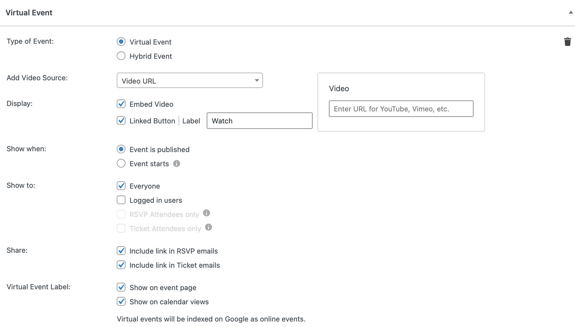 The virtual event details panel at the bottom of the event editor