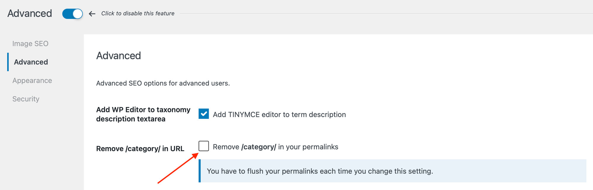 SEO Press Advanced settings with 'Remove /category/ in your permalinks' option unchecked