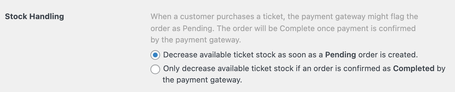 Stock handling options under Events Settings > Payments