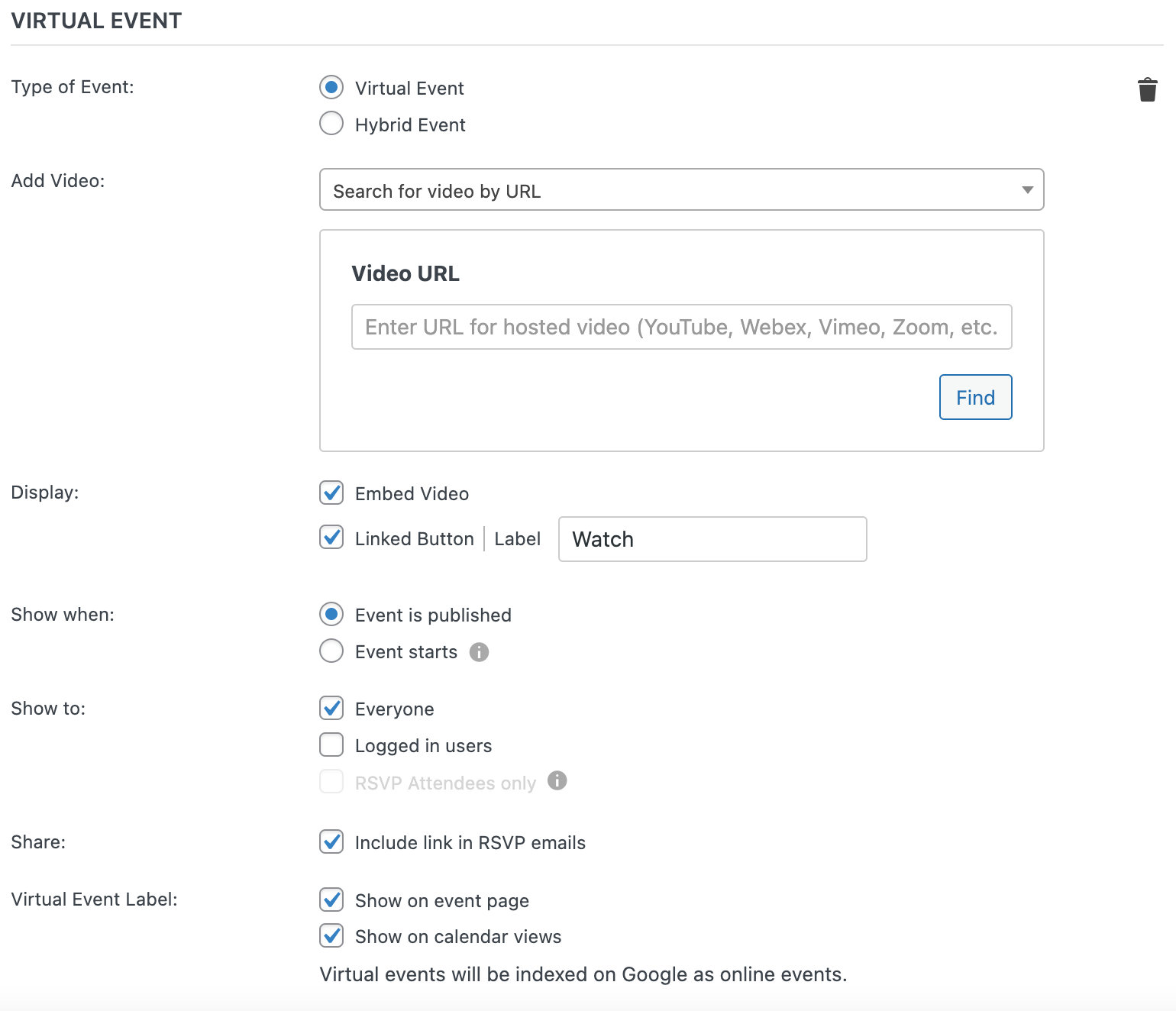 Virtual Event fields