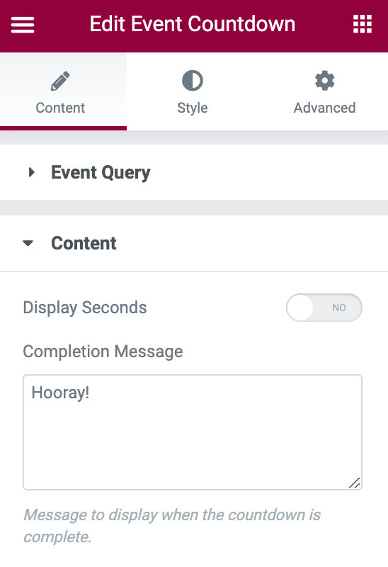 Elementor Event Countdown content tab