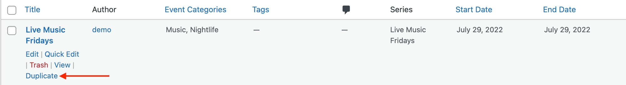 The Events admin list with the Duplicate link visible on hover