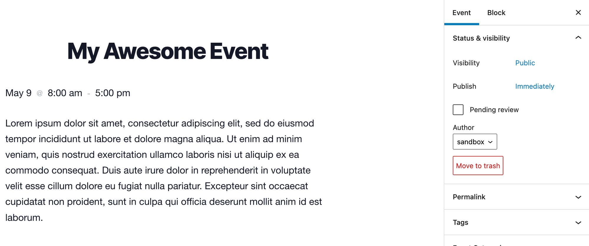 This image is showing the user interface for creating a new event in the WordPress Block editor, allowing the user to add information such as the event title, text, tags, and categories.
