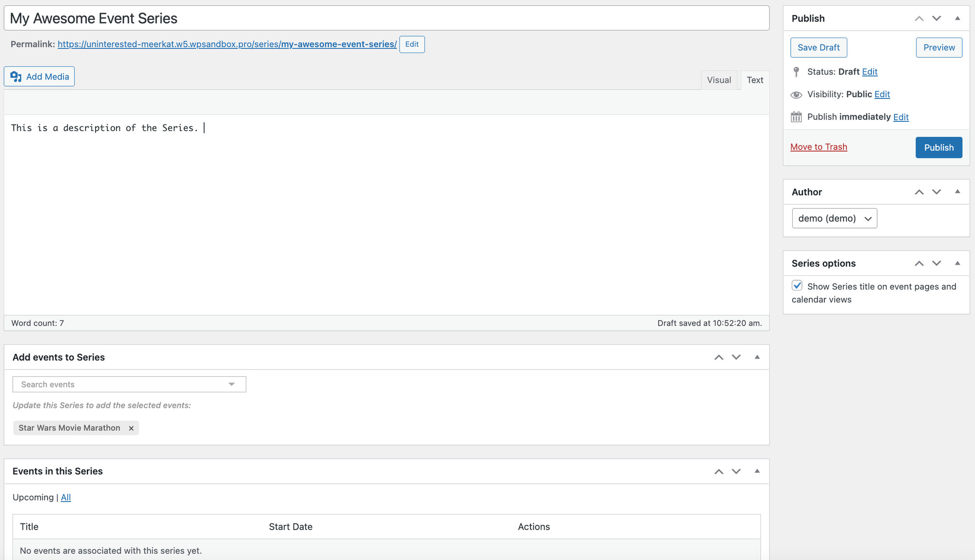 Series page on the backend