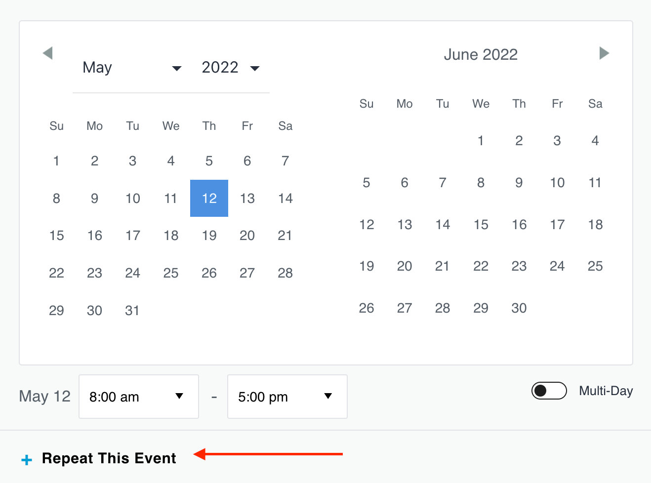 Time and Date settings in the Block Editor showing the Repeat this Event option