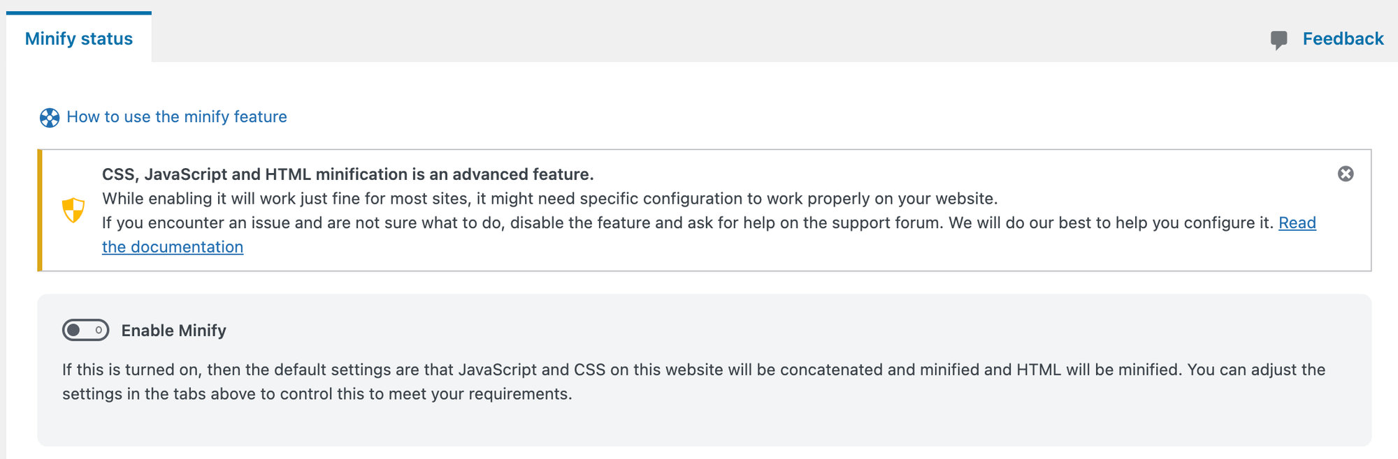 WP-Optimize Minify settings with Enable Minify toggled off
