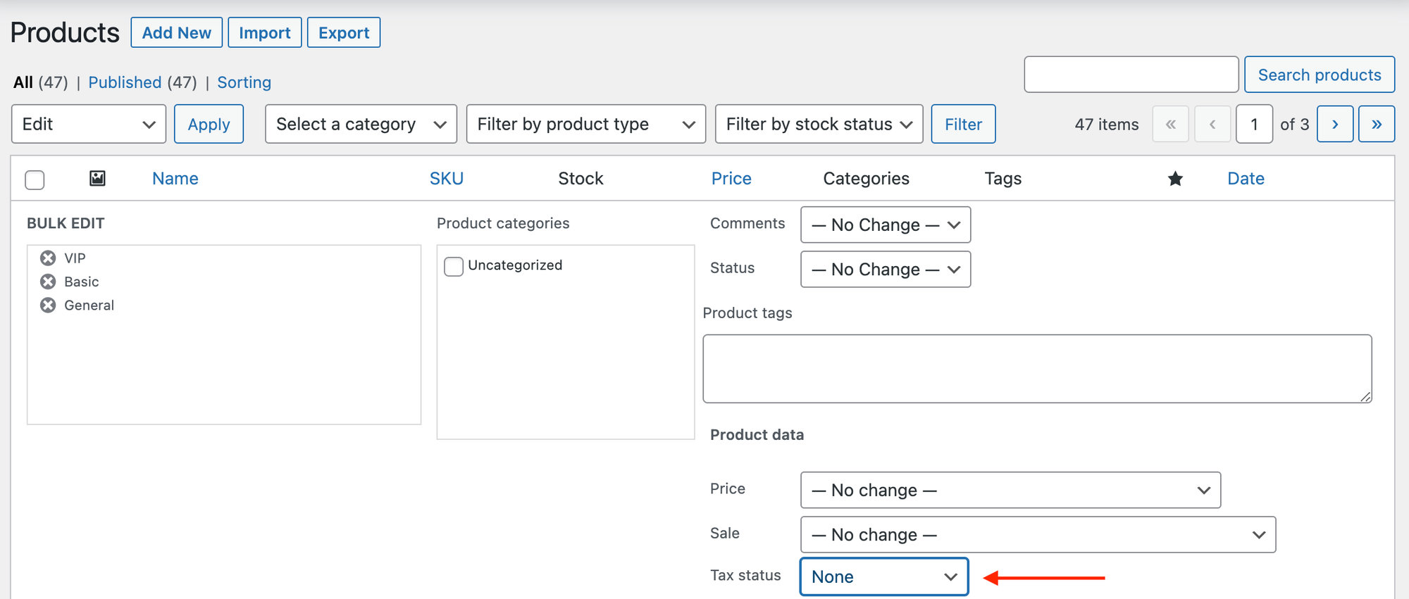Change tax status to None under Bulk Edit to disable taxes for multiple tickets
