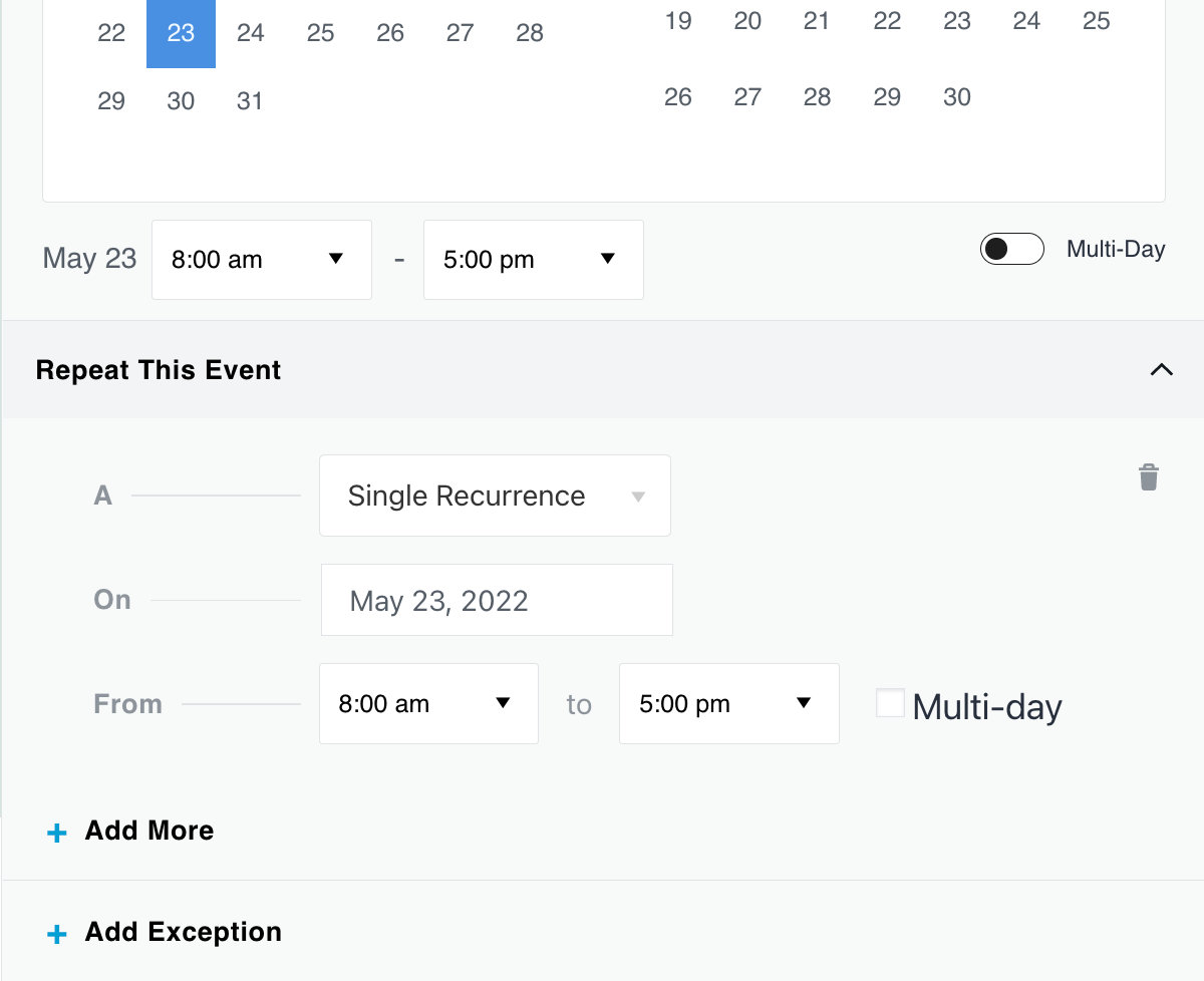 The recurring event options in the Event Date Time block (Events Calendar Pro)
