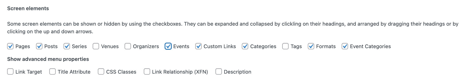 WordPress Menu Builder Screen Options