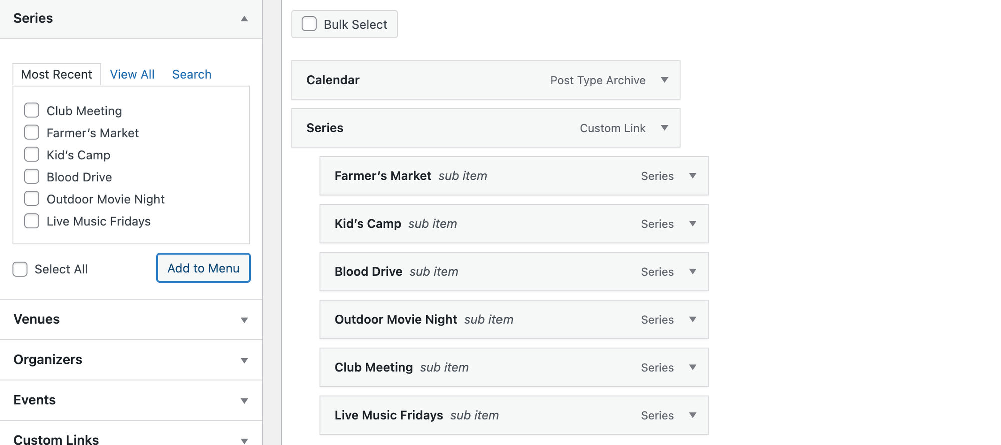 Adding a series to the WordPress menu