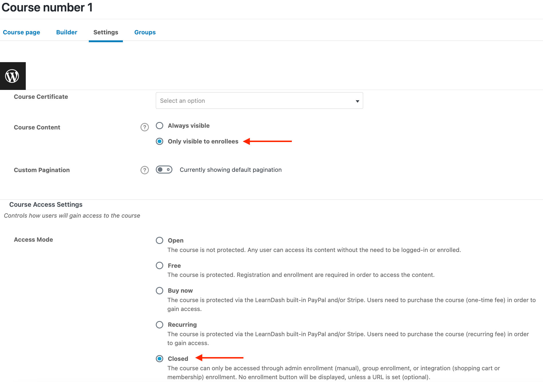 LearnDash course settings