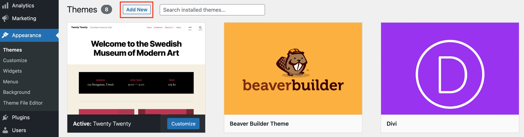 Appearance > Themes and Add New to search for a free WordPress theme.