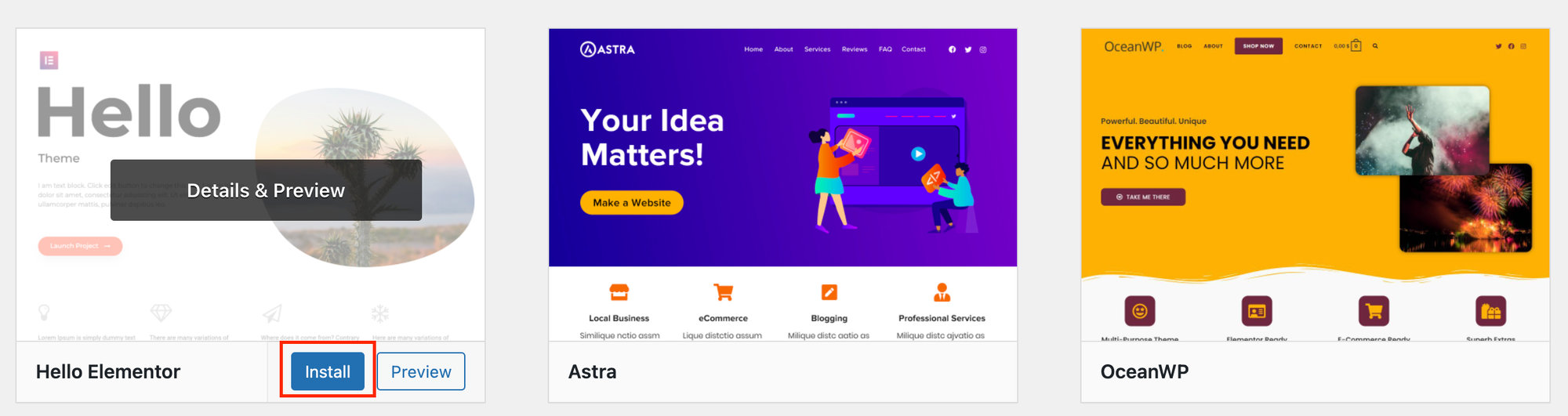 Select Install to install a WordPress theme
