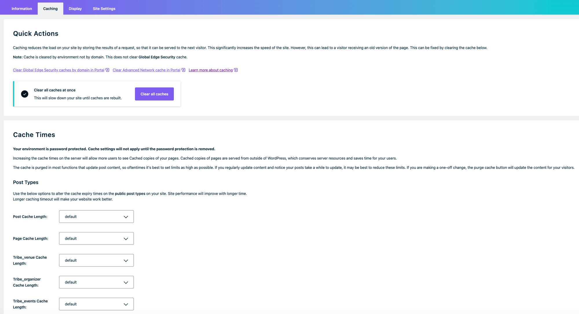 WP Engine caching settings in WordPress Dashboard