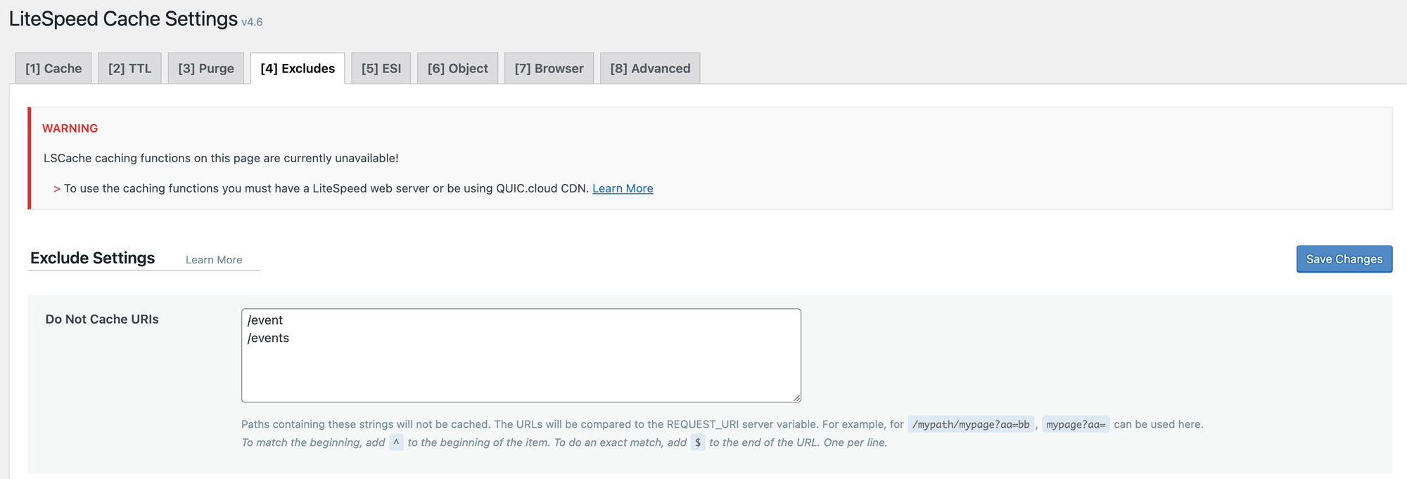 LiteSpeed Cache Settings > Excludes