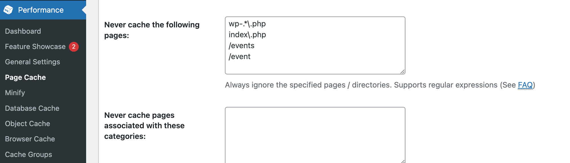 W3 Total Cache Page Cache settings with event pages excluded