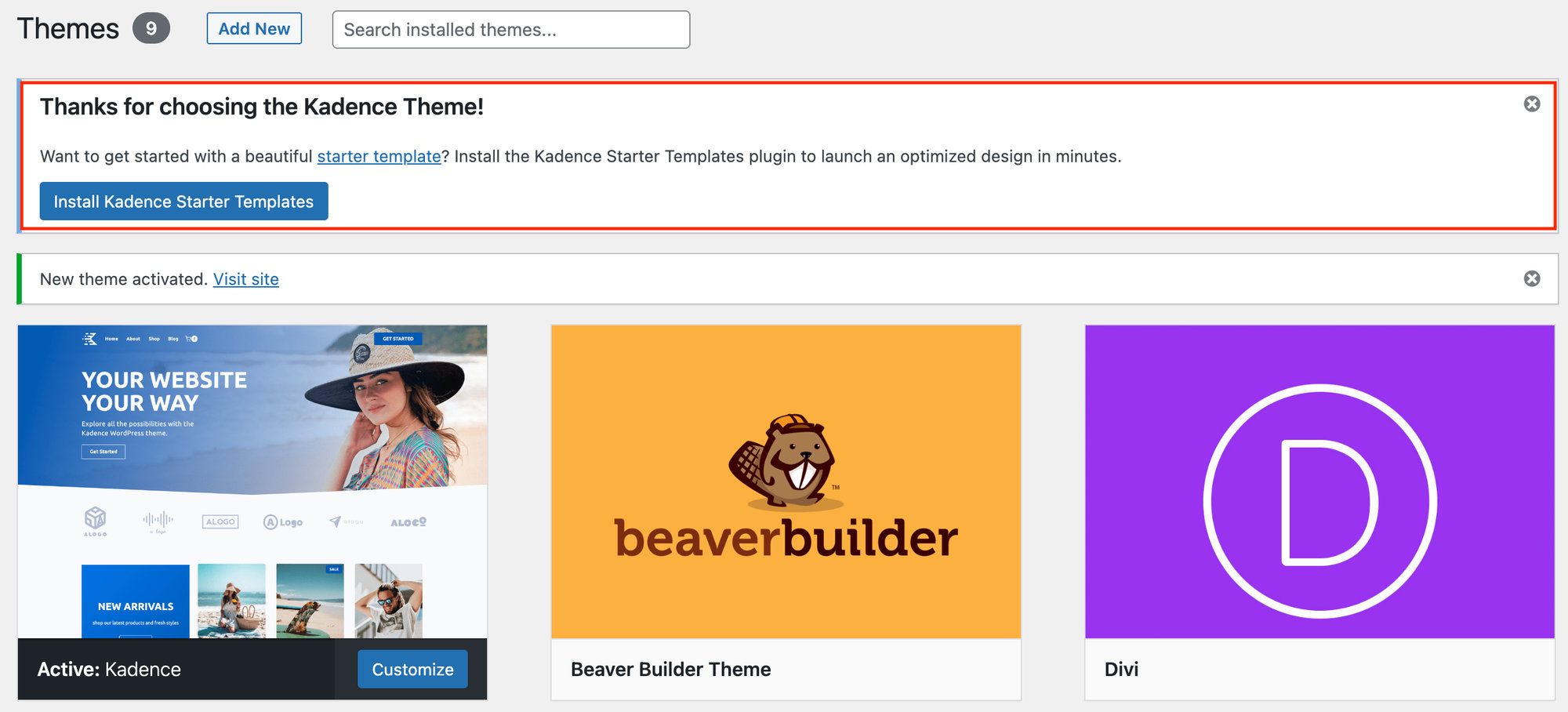 Install Kadence starter templates
