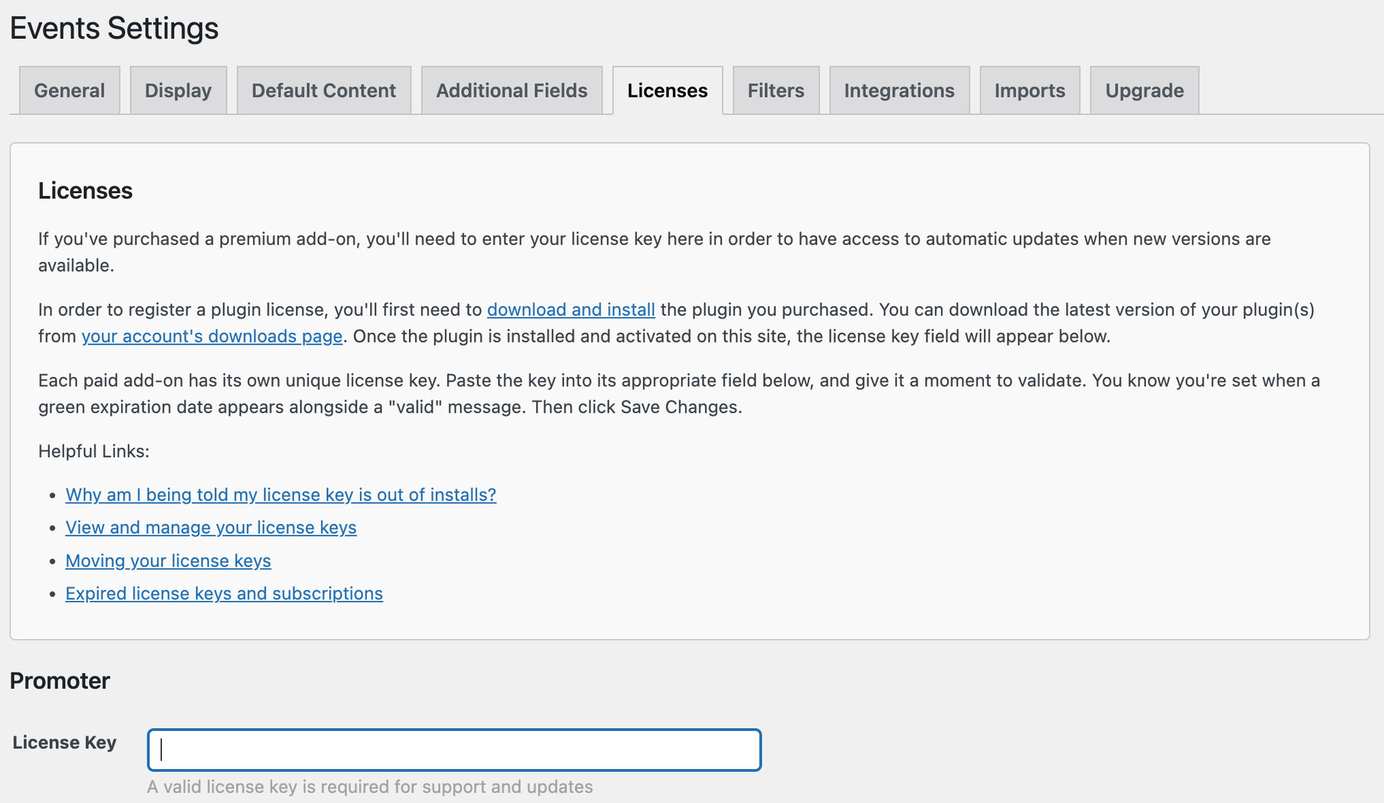 The Events Settings Licenses screen showing a valid Promoter license entered