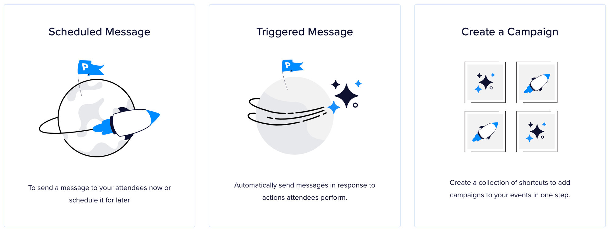 The three Promoter message options for an event: Scheduled Message, Triggered Message, and Create a Campaign