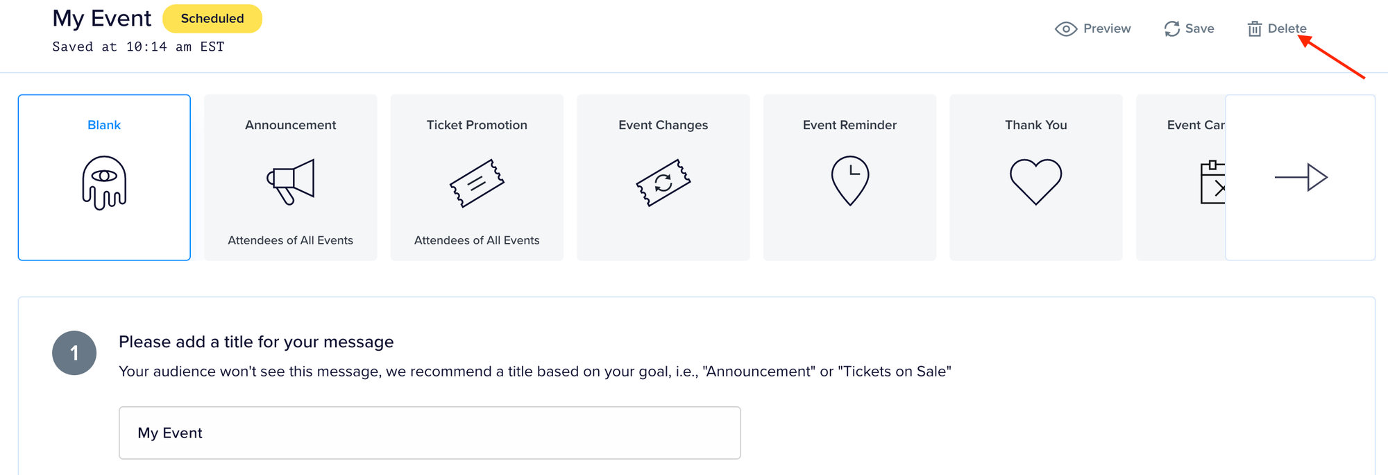 The Delete link at the top of the Promoter message editor