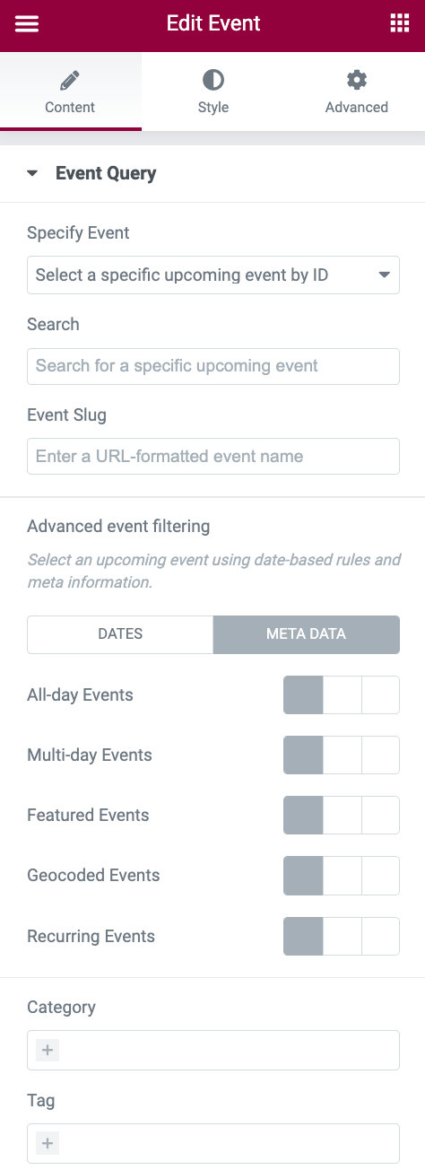 Event widget Elementor
