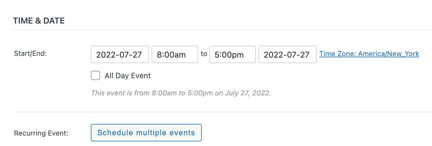 Time and Date settings in the Classic Editor showing the Schedule multiple events option