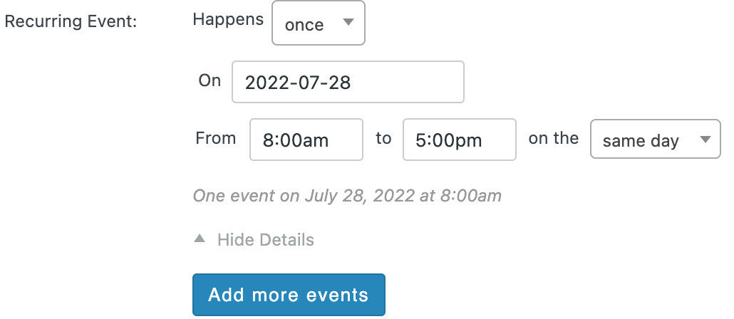 Non-patterned recurring event options in the Classic Editor
