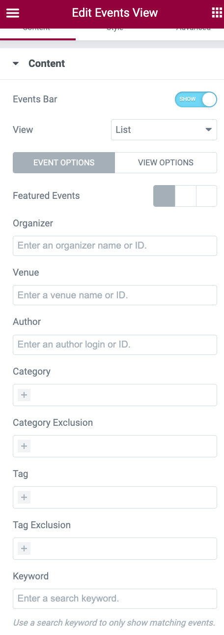 Events View Elementor widget