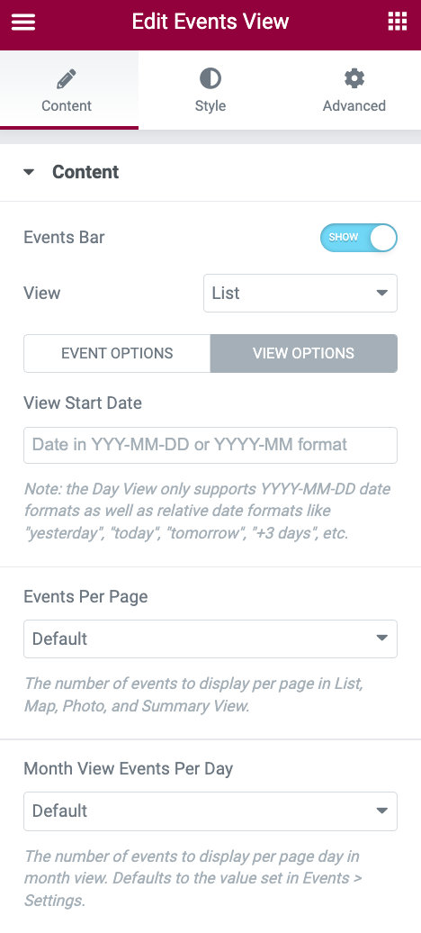 Events View Elementor widget