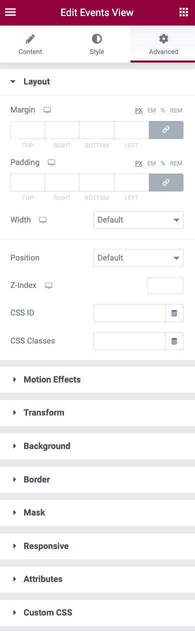 Events View widget