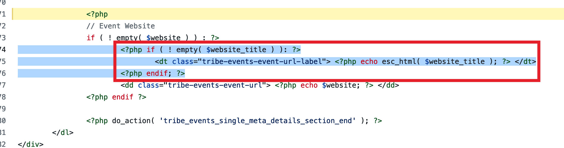 The details.php template showing the Website dt element to be removed