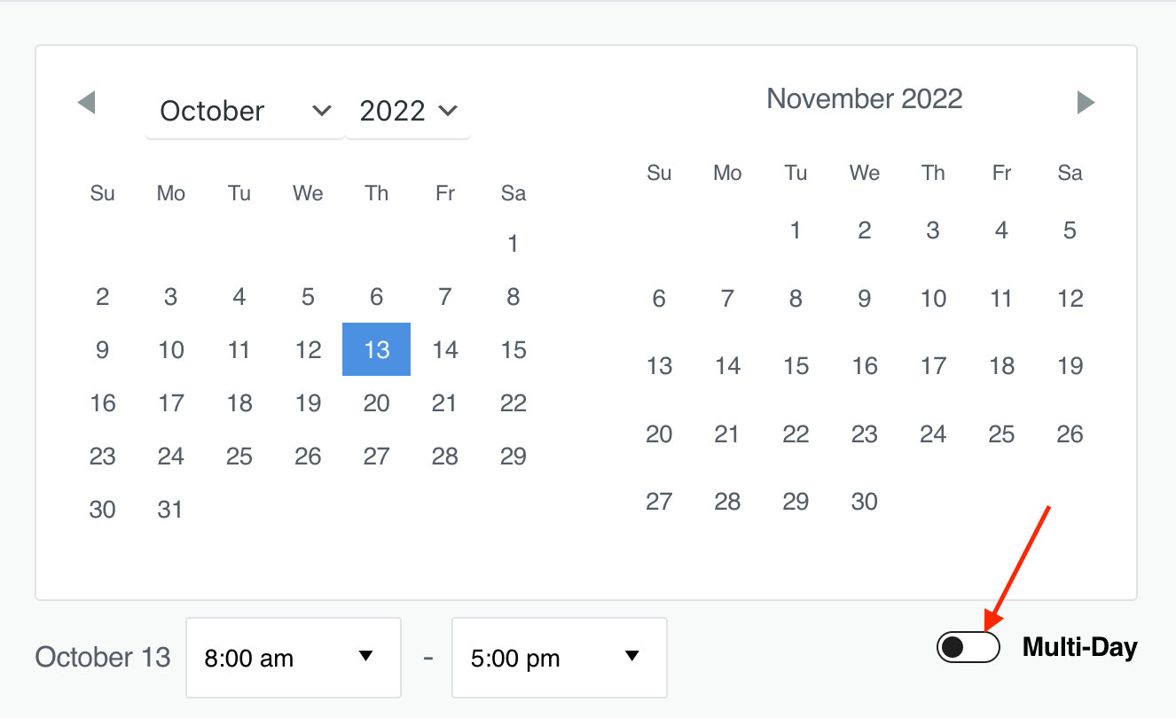 The Multi-day event toggle in the Block Editor