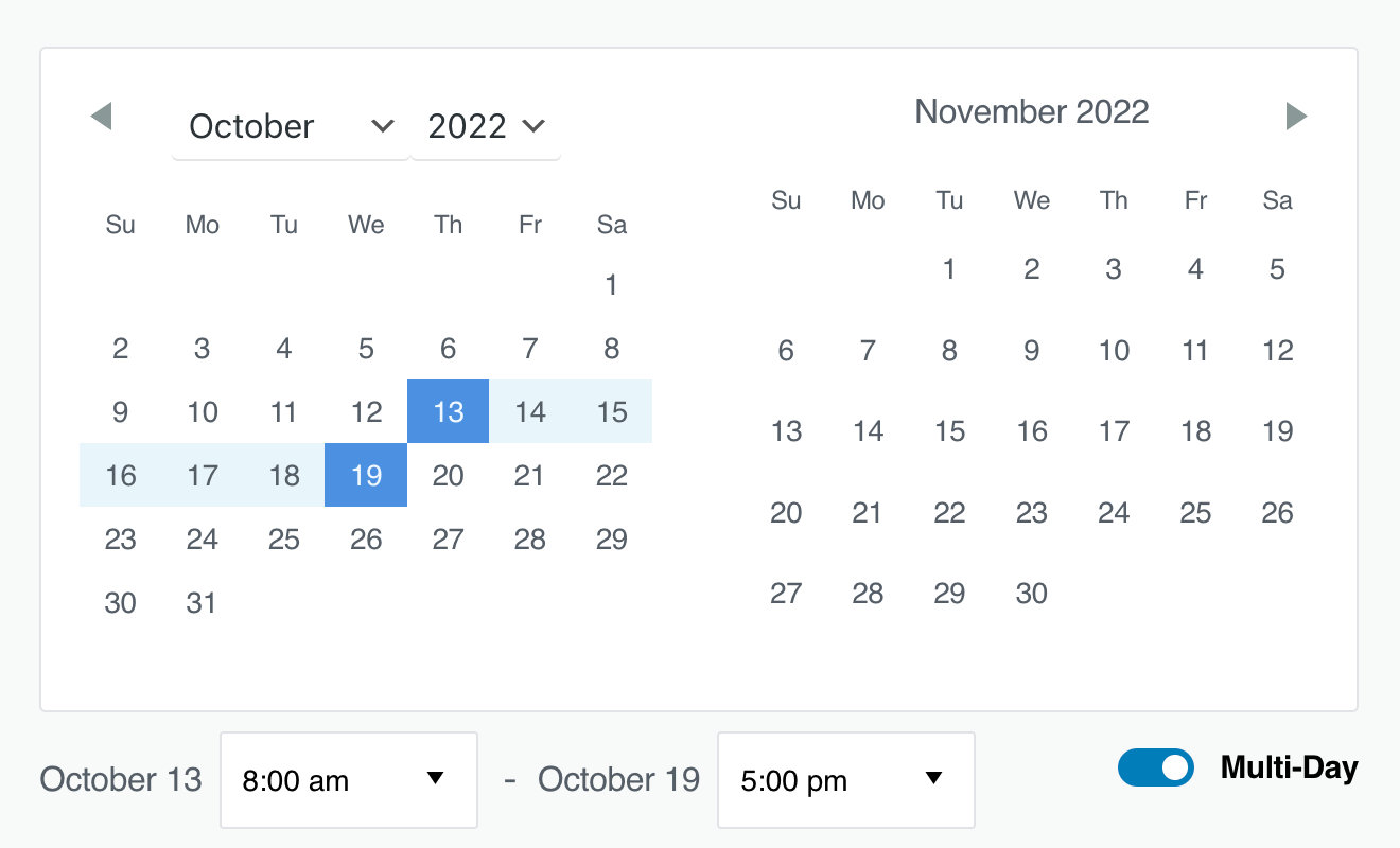 Setting dates and times for a multi-day event in the Block Editor