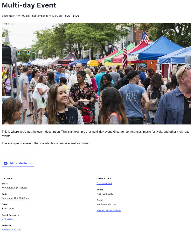 A multi-day event displayed on the front end