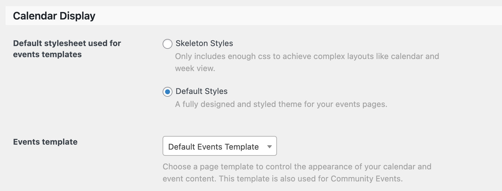 The Events Display settings screen with the Default Events Template selected