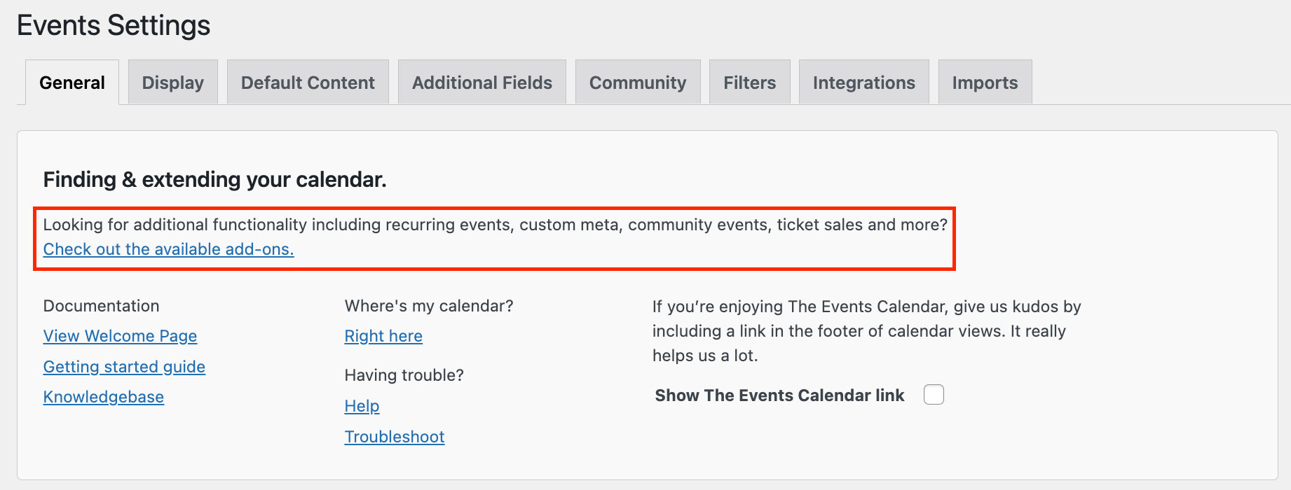 The add-on upsell banner at the top of the Events Settings page