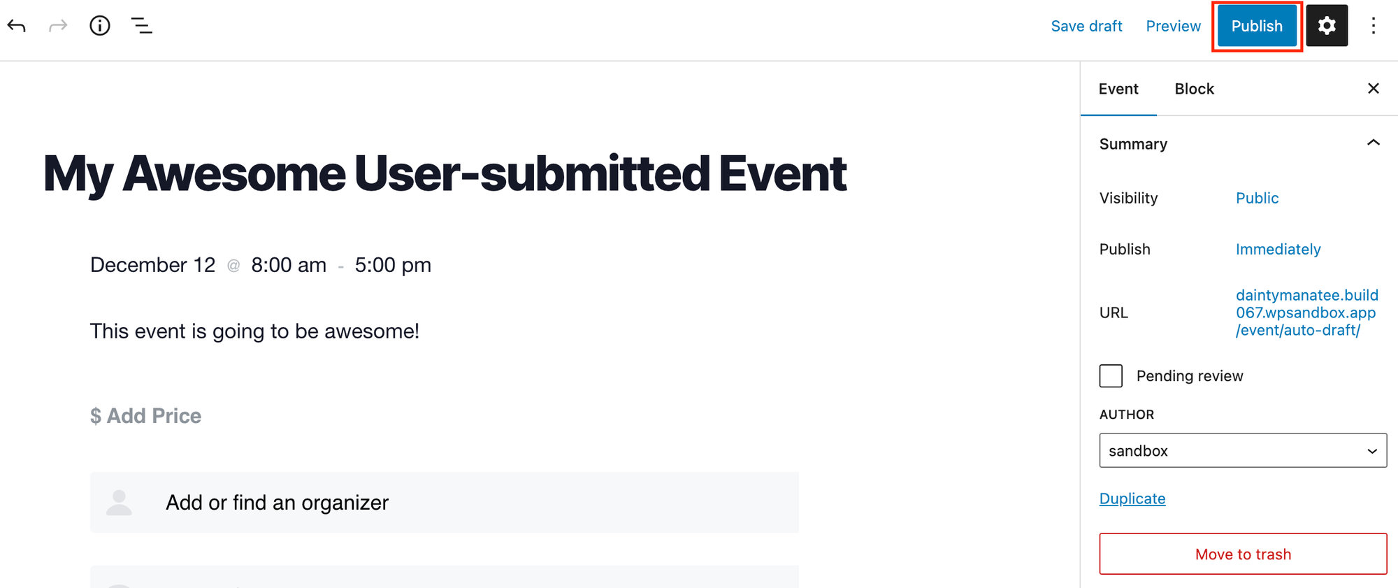 Reviewing and publishing an event in the Block Editor