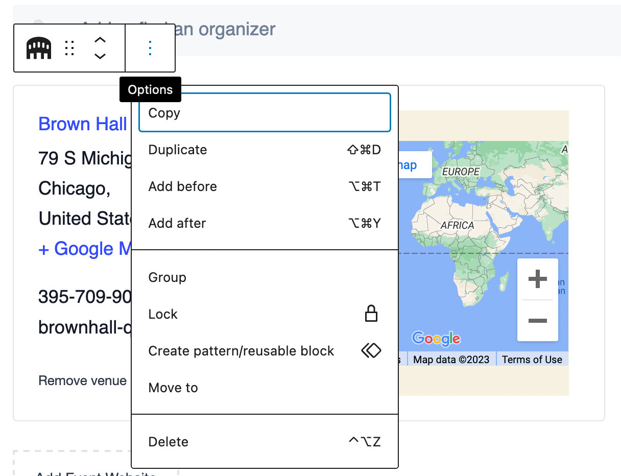 This image shows how to access a drop-down menu of how to add a block before or after the current location in the block editor