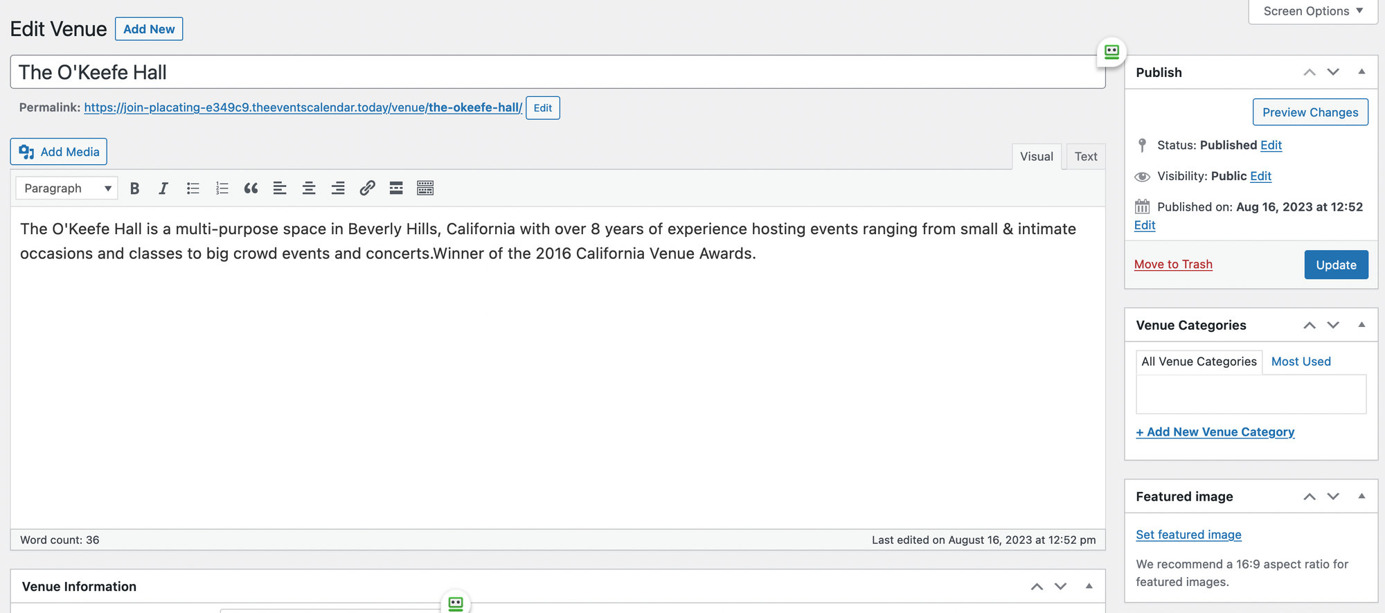 This page shows options for adding details for a venue such as a description, or a featured image