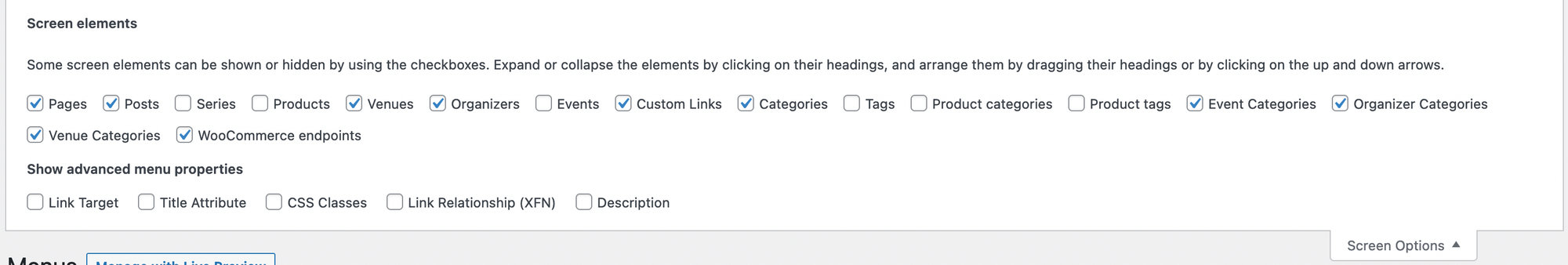 This image shows items that can be selected by check marking boxes that will be shown in the menu editor.