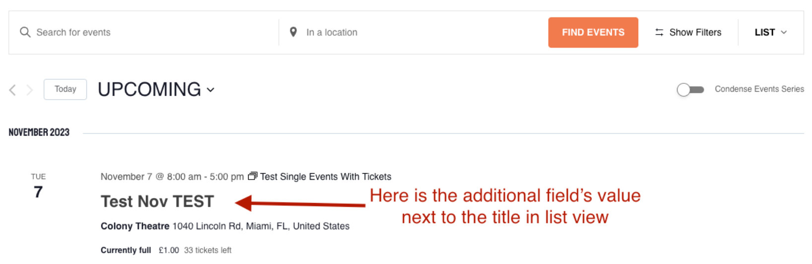 List View showing the Artist field value displayed next to the event title